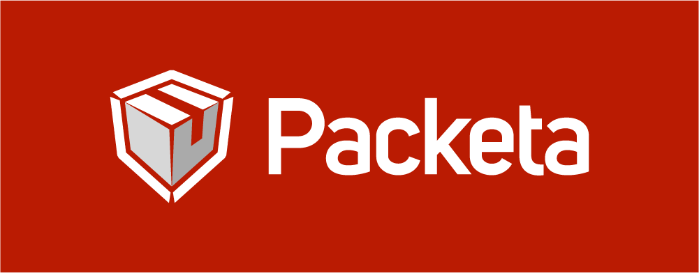 Piros alapon fehér rajzolt csomag logó és Packeta felirat.