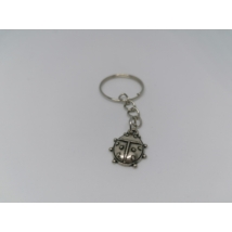 Ezüstszínű kulcskarikára rögzített láncról lelógó ezüstszínű pettyes katica medál.
