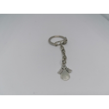 Ezüstszínű kulcskarikára rögzített láncról lelógó ezüstszínű szoknyás angyal kulcstartó.