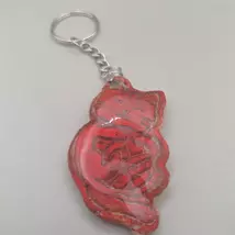 Ezüstszínű kulcskarikán lánc lóg le, rajta nagy gyurma figura: egy macska ölében gombolyag. Az egész pirosra van festve és csillog a vékony gyanta rétegtől.