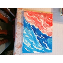 Téglalap festővászonra hullámzó tenger mutatja, a hullámok kitapinthatóak, kék és narancssárga színei vannak. 