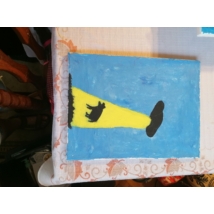 Téglalap festővászonra festett tehén rablás. Ufok léteznek! Színei, kék és sárga.