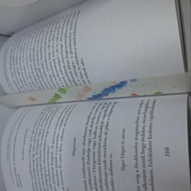 Téglalap alakú könyvjelző: fehér alapon kék, zöld és barackszínű, nonfiguratív, foltszerű minták díszítik.