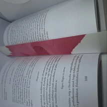 Téglalap alakú könyvjelző: fehér alapon bordó árnyalatú, nonfiguratív, foltszerű minták díszítik.