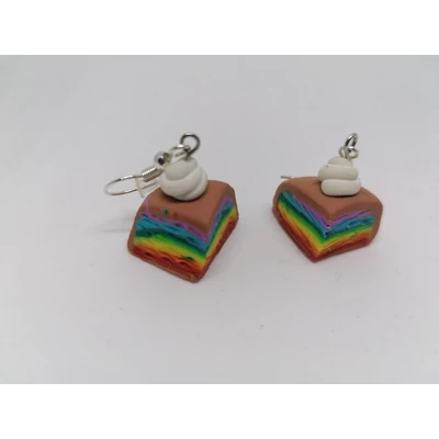 A fülbevaló stiftes hátuljú kapoccsal záródik, egy szivárványszínű krémmel töltött tortaszeletet ábrázol, tejszínhab pöttyel a tetején.