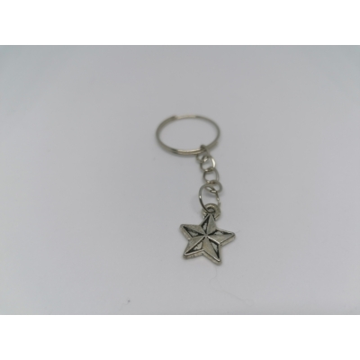 Ezüstszínű kulcskarikára rögzített láncról lelógó ezüstszínű csillag kulcstartó. A csillag lapos, de térbeli hatása van.