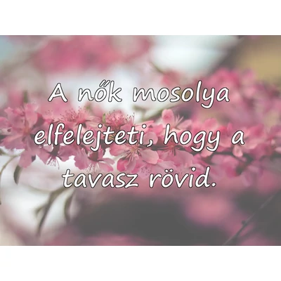Téglalapalakú hűtőmágnes, rajta virágzó cseresznyeág közelről és egy idézet fehérrel: A nők mosolya elfelejteti, hogy a tavasz rövid.